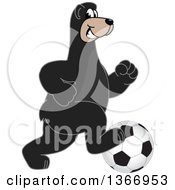 Black Bear School Mascot Character Playing Soccer