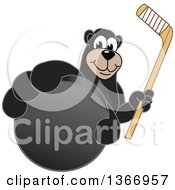 Black Bear School Mascot Character Grabbing A Puck And Holding A Hockey Stick