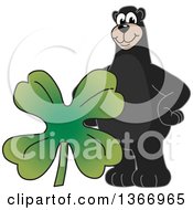 Black Bear School Mascot Character With A Four Leaf St Patricks Day Clover