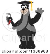 Black Bear School Mascot Character Graduate Holding A Diploma And Waving