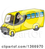 Black Bear School Mascot Character Waving And Driving A School Bus
