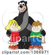 Black Bear School Mascot Character Posing With Students