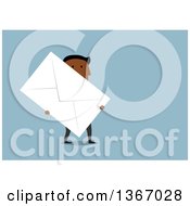 Poster, Art Print Of Flat Design Black Business Man Carrying A Giant Envelope On Blue