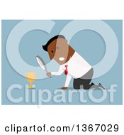 Clipart Of A Flat Design Black Business Man Kneeling And Inspecting A Trophy On Blue Royalty Free Vector Illustration