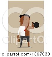 Poster, Art Print Of Flat Design Black Half Business Man Half Bodybuilder Working Out With A Kettlebell On Tan