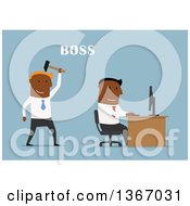 Poster, Art Print Of Flat Design Black Business Man Boss Sneaking Up Behind An Employee On Blue