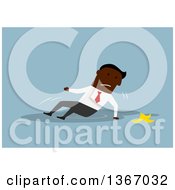 Clipart Of A Flat Design Black Business Man Slipping On A Banana Peel On Blue Royalty Free Vector Illustration
