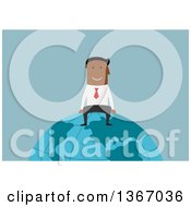 Clipart Of A Flat Design Black Business Man Sitting On Top Of The World On Blue Royalty Free Vector Illustration by Vector Tradition SM