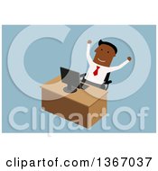 Poster, Art Print Of Flat Design Black Business Man Cheering At His Desk On Blue