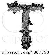 Clipart Of A Black And White Floral Uppercase Alphabet Letter T Royalty Free Vector Illustration