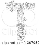 Black And White Lineart Floral Uppercase Alphabet Letter T