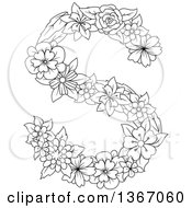 Black And White Lineart Floral Uppercase Alphabet Letter S