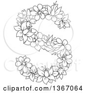 Black And White Lineart Floral Lowercase Alphabet Letter S