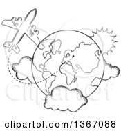 Poster, Art Print Of Black And White Sketched Airplane And Earth