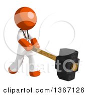 Poster, Art Print Of Orange Man Doctor Or Veterinarian Swinging A Sledgehammer