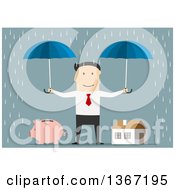 Poster, Art Print Of Flat Design White Business Man Holding Umbrellas Over A Piggy Bank And House In The Rain On Blue