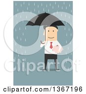 Poster, Art Print Of Flat Design White Business Man Holding A Piggy Bank And Umbrella In The Rain On Blue