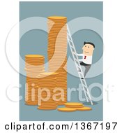 Poster, Art Print Of Flat Design White Business Man Climbing A Ladder To The Top Of Coin Towers On Blue