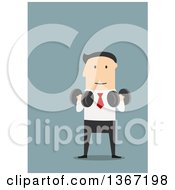 Clipart Of A Flat Design White Business Man Strength Training With Dumbbells On Blue Royalty Free Vector Illustration