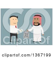Flat Design White Business Man Buying Oil From An Arabian Man On Blue