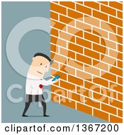 Flat Design White Business Man Looking At Screen Of Smartphone And Walking Into A Wall On Blue