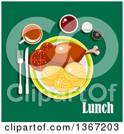 Poster, Art Print Of Chicken Drumstick Pasta And Tea With Text On Green