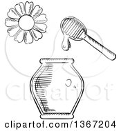 Black And White Sketched Flower Dipper And Honey Jar