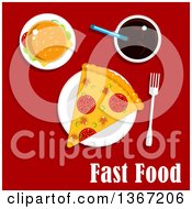 Poster, Art Print Of Cheeseburger Pizza And Soda With Text On Red
