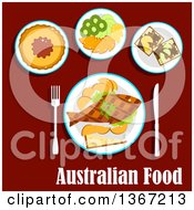 Poster, Art Print Of Meal Of Australian Cuisine With Fish And Chips Meat Pie With Tomato Sauce Fruit Salad With Slices Of Apple Orange Kiwi And Lemon Fruits Toasts With Brown Australian Food Pasta With Text On Red
