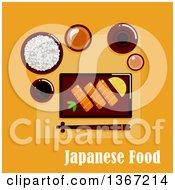 Poster, Art Print Of Japanese Dinner With Salmon Sashimi Served By Lemon And Wasabi Pasta Wide Bowl With Rice Dipping Sauces Ceramic Sake Set And Chopsticks On A Rest With Text On Orange