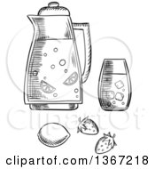Clipart Of A Black And White Sketched Glass Pitcher Strawberries And Lemon Royalty Free Vector Illustration by Vector Tradition SM