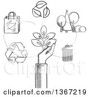 Clipart Of A Black And White Sketched Hand Leaves Recycle Trash And Trees Royalty Free Vector Illustration by Vector Tradition SM