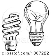 Clipart Of Black And White Sketched Spiral And Incandescent Light Bulbs One With Leaves Royalty Free Vector Illustration by Vector Tradition SM