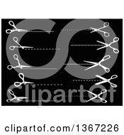 Clipart Of White Scissors Cutting Along Dotted Lines On Black Royalty Free Vector Illustration