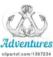 Clipart Of Black And White Sketched Anchors Over Blue Adventures Text Royalty Free Vector Illustration