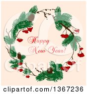Clipart Of A Happy New Year Greeting In A Wreath Over Tan Royalty Free Vector Illustration
