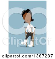 Clipart Of A Flat Design Injured Black Business Woman Walking With Crutches And Casts On Blue Royalty Free Vector Illustration