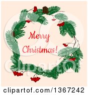 Poster, Art Print Of Merry Christmas Greeting In A Wreath Over Tan