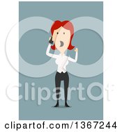 Poster, Art Print Of Flat Design White Business Woman Screaming Into A Cell Phone On Blue