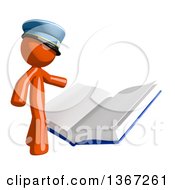 Poster, Art Print Of Orange Mail Man Wearing A Hat Reading A Giant Book
