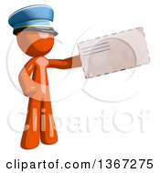 Clipart Of An Orange Mail Man Wearing A Hat Holding An Envelope Royalty Free Illustration
