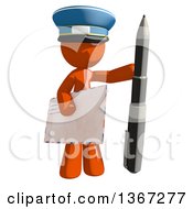 Poster, Art Print Of Orange Mail Man Wearing A Hat Holding A Pen And An Envelope