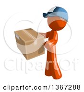 Poster, Art Print Of Orange Mail Man Wearing A Baseball Cap Holding A Box Facing Left