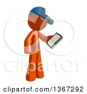 Poster, Art Print Of Orange Mail Man Wearing A Baseball Cap Looking At A Smart Phone