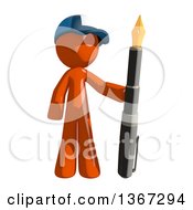 Clipart Of An Orange Mail Man Wearing A Baseball Cap Holding A Fountain Pen Royalty Free Illustration
