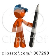 Poster, Art Print Of Orange Mail Man Wearing A Baseball Cap Holding A Pen