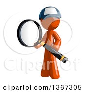 Clipart Of An Orange Mail Man Wearing A Baseball Cap Searching With A Magnifying Glass Royalty Free Illustration