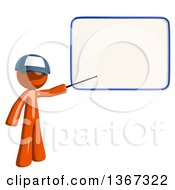 Poster, Art Print Of Orange Mail Man Wearing A Baseball Cap Holding A Pointer Stick To A White Board