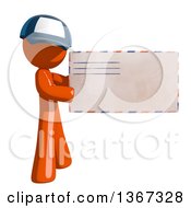 Clipart Of An Orange Mail Man Wearing A Baseball Cap Holding An Envelope Royalty Free Illustration