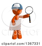 Orange Mail Man Wearing A Baseball Cap Holding Magnifying Glass And An Envelope